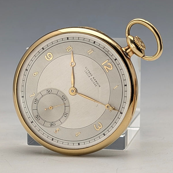 Circa 1940 Vintage Ulysse Nardin Pocket Watch 18K Gold Case In good working order Comes with case and warranty